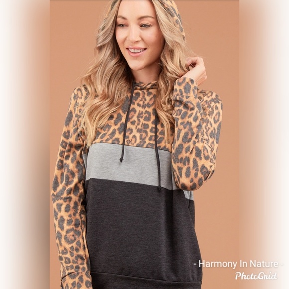 Leopard & Gray Color Block Hooded Pullover - Picture 4 of 8